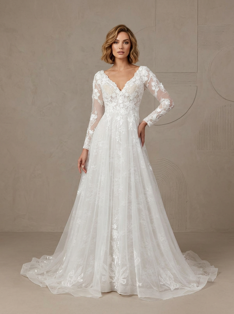 White Long-Sleeve V-Neck Sequins Tulle A-Line Wedding Dress