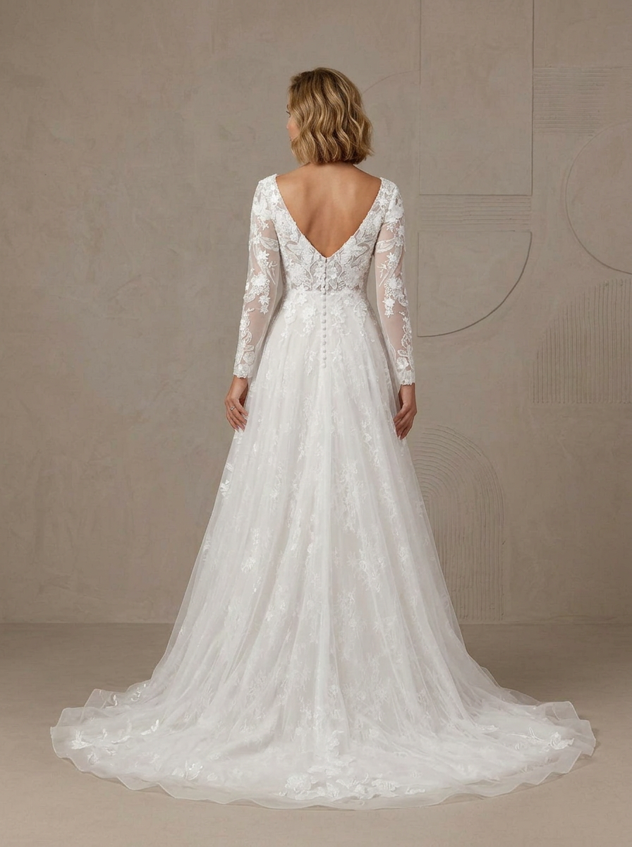 White Long-Sleeve V-Neck Sequins Tulle A-Line Wedding Dress