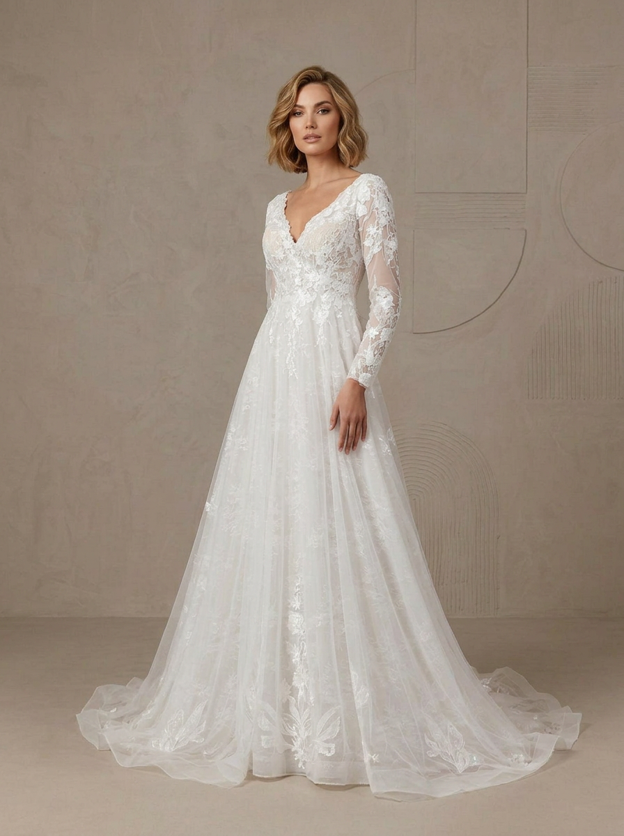 White Long-Sleeve V-Neck Sequins Tulle A-Line Wedding Dress