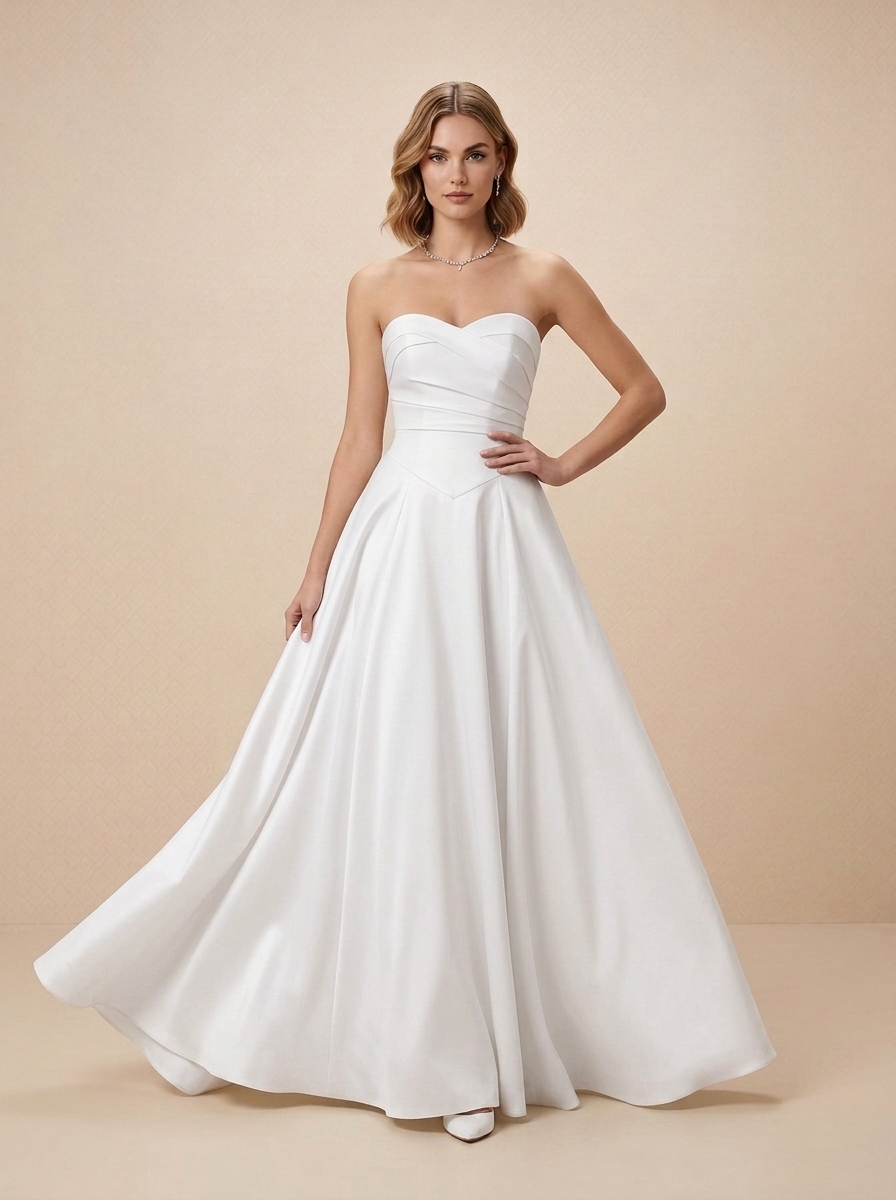  White A-Line Strapless Sweetheart Stretch Satin Wedding Dress