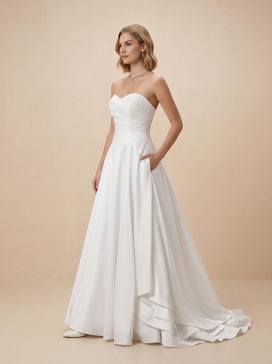 White A-Line Strapless Sweetheart Stretch Satin Wedding Dress