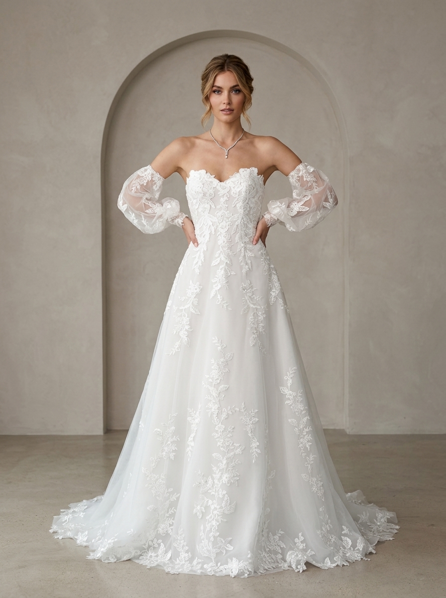 White Ball-Gown Strapless Lace Sweetheart A-Line Wedding Dress