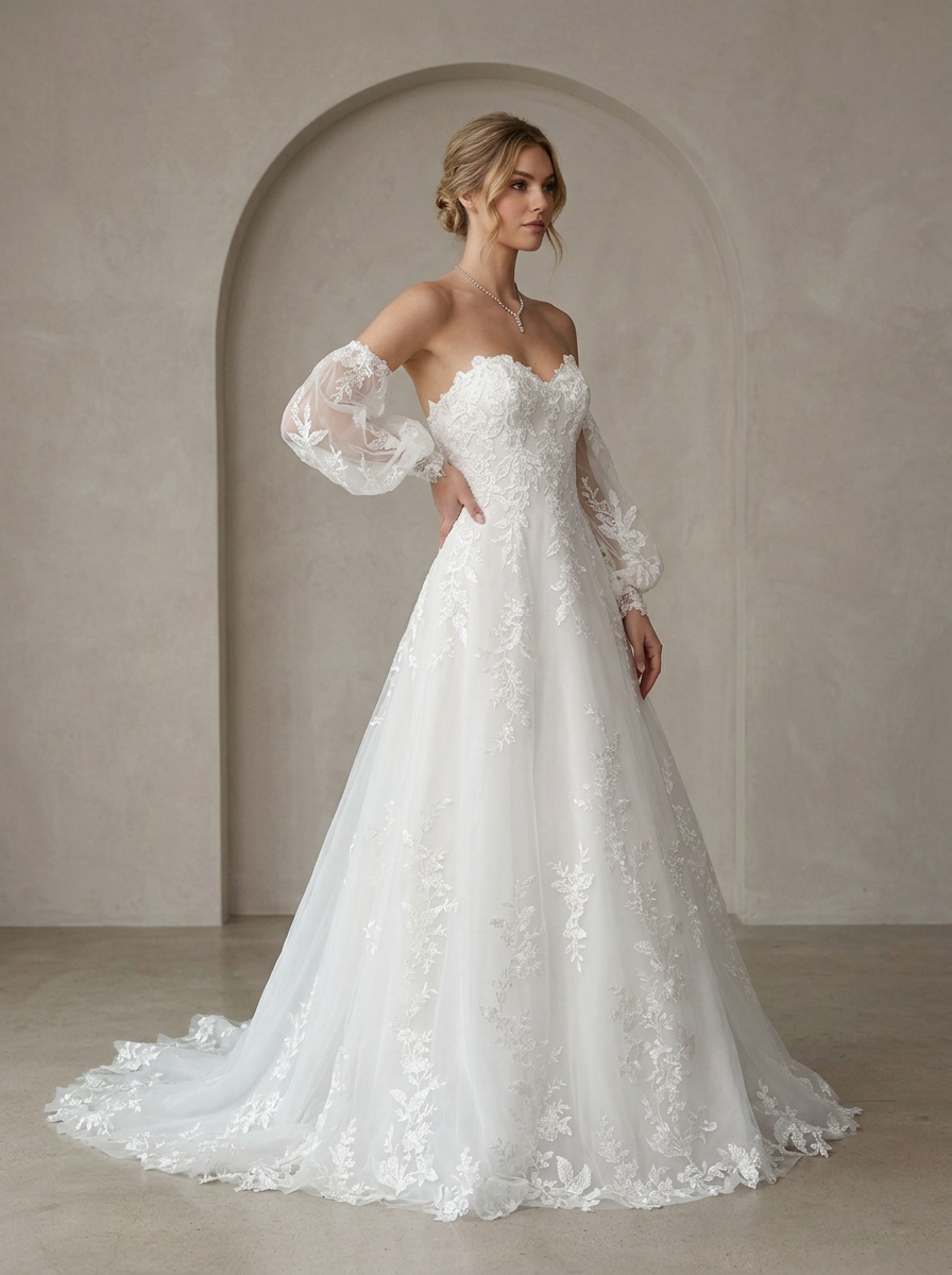 White Ball-Gown Strapless Lace Sweetheart A-Line Wedding Dress
