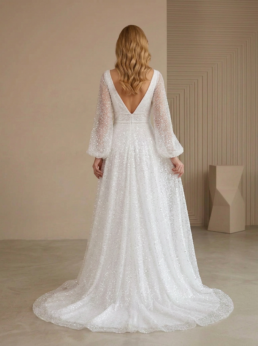 White A-Line V-Neck Long-Sleeve Slit Beading Wedding Dress