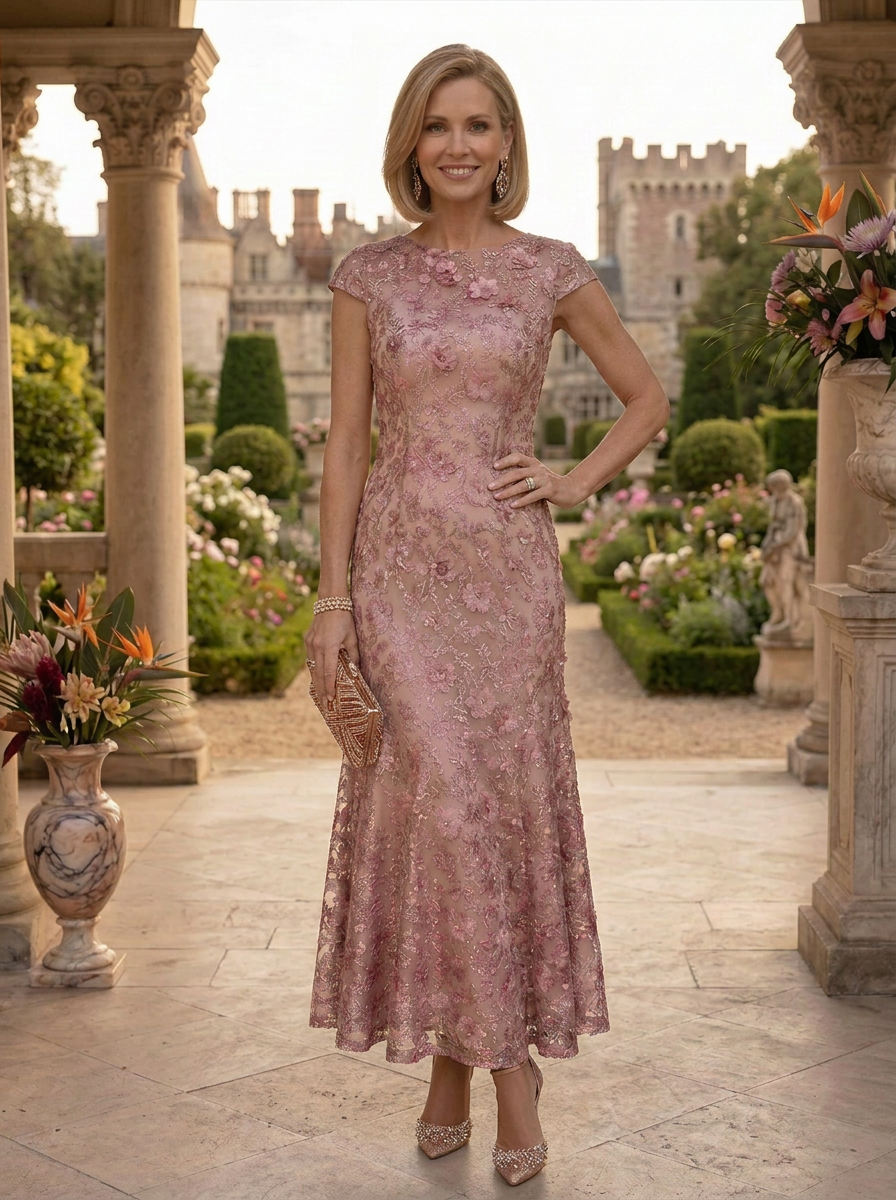 Dusty Pink Floral Embroidered Cap-Sleeve Sequin Sheath Mother of the Bride & Groom Dresses 