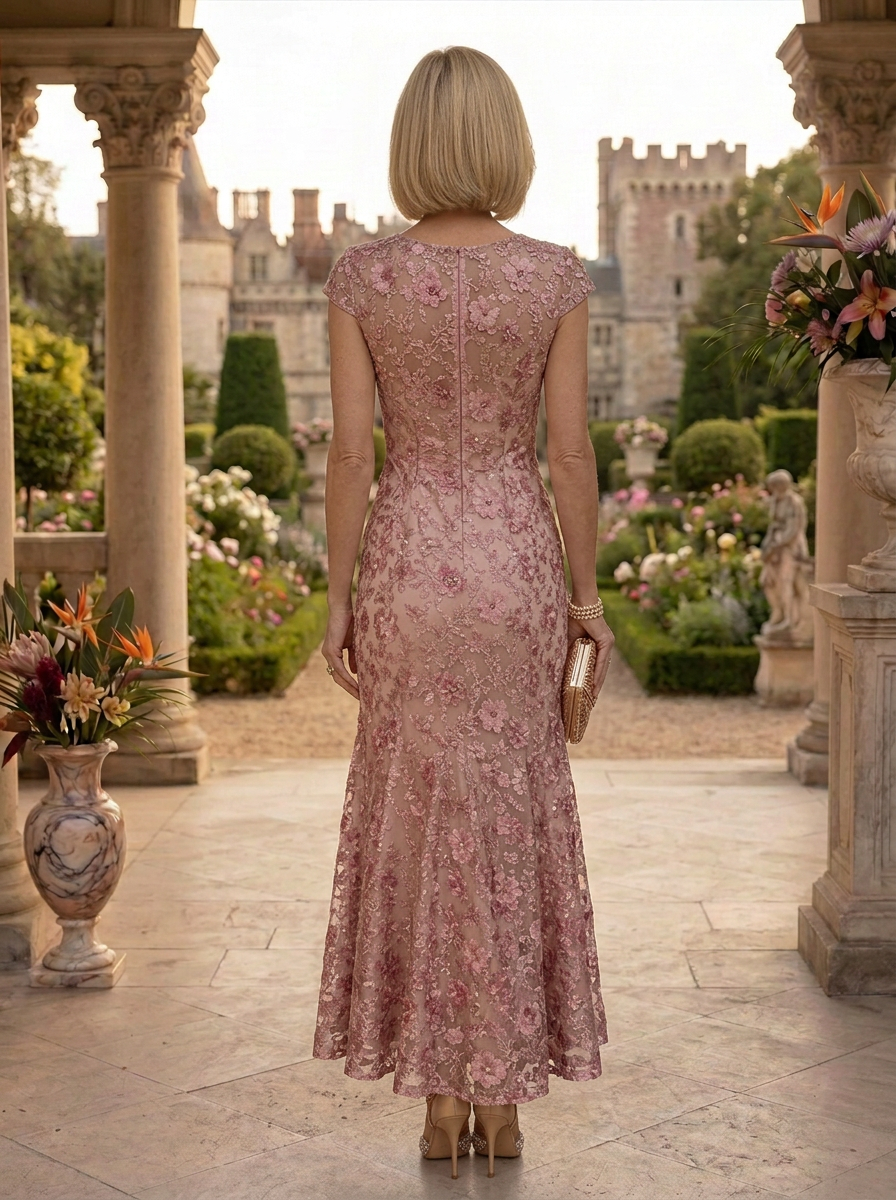 Dusty Pink Floral Embroidered Cap-Sleeve Sequin Sheath Mother of the Bride & Groom Dresses 