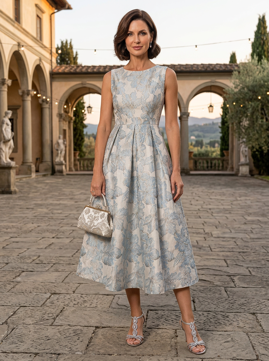 Blue Jacquard A-Line Scoop Neck Tea-Length Mother of the Bride & Groom Dresses 