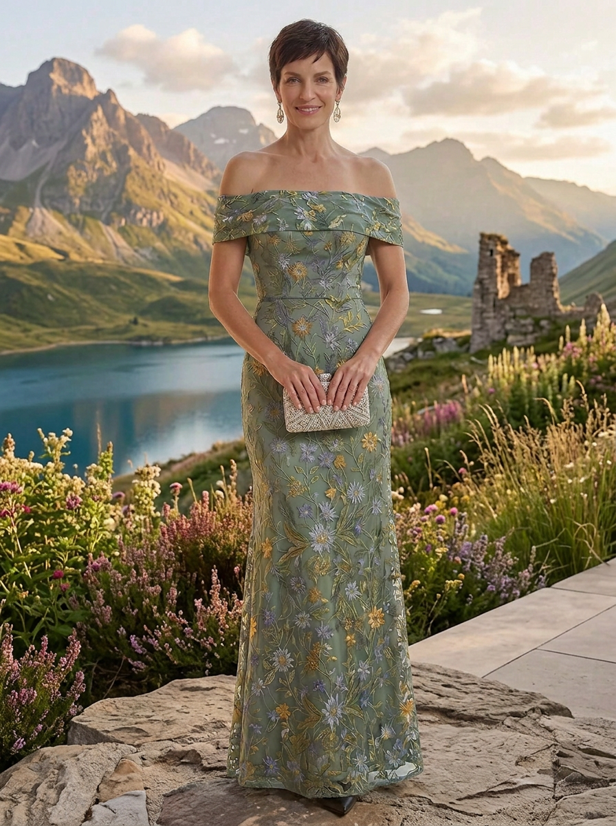 Sage Green Floral Embroidered Off-The-Shoulder Mother of the Bride & Groom Dresses 