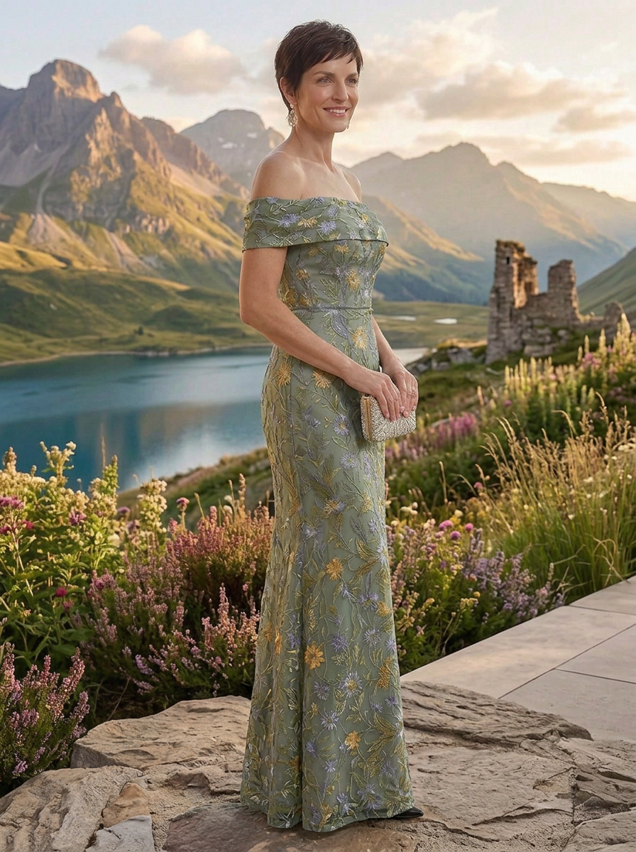 Sage Green Floral Embroidered Off-The-Shoulder Mother of the Bride & Groom Dresses 