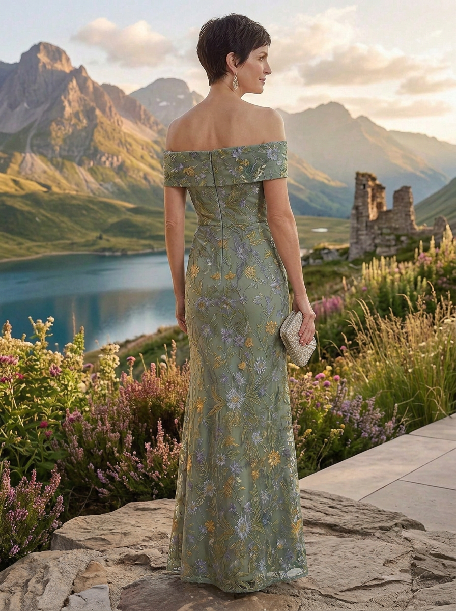 Sage Green Floral Embroidered Off-The-Shoulder Mother of the Bride & Groom Dresses 