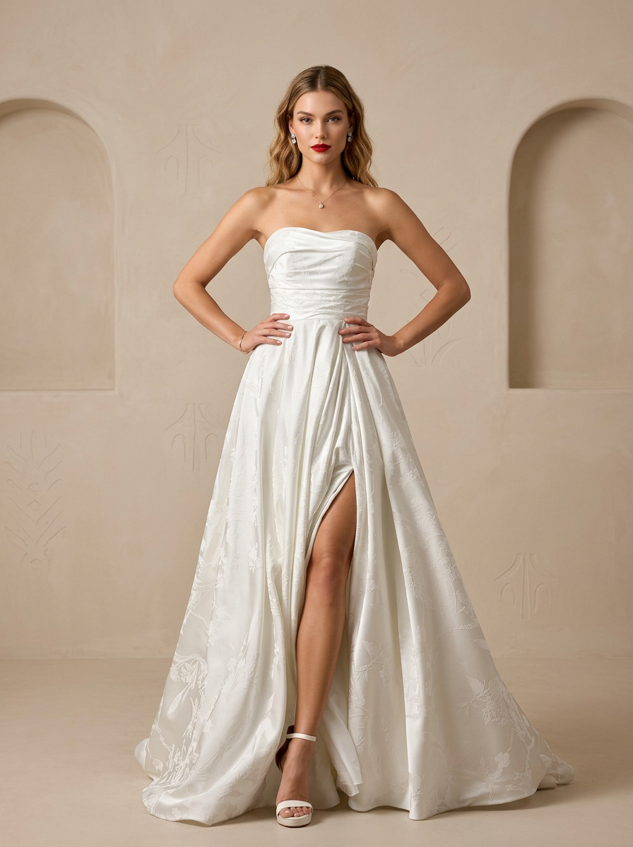 White A-Line Strapless Floral Jacquard Wedding Dress With High Slit