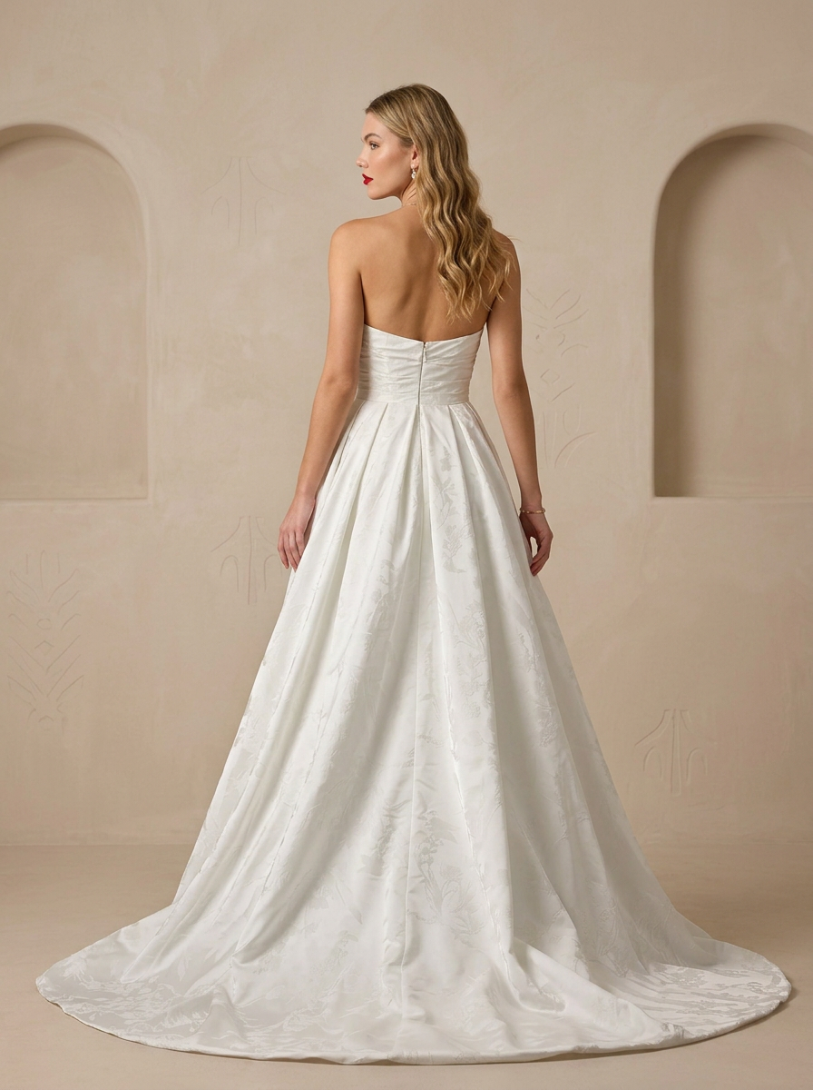 White A-Line Strapless Floral Jacquard Wedding Dress With High Slit