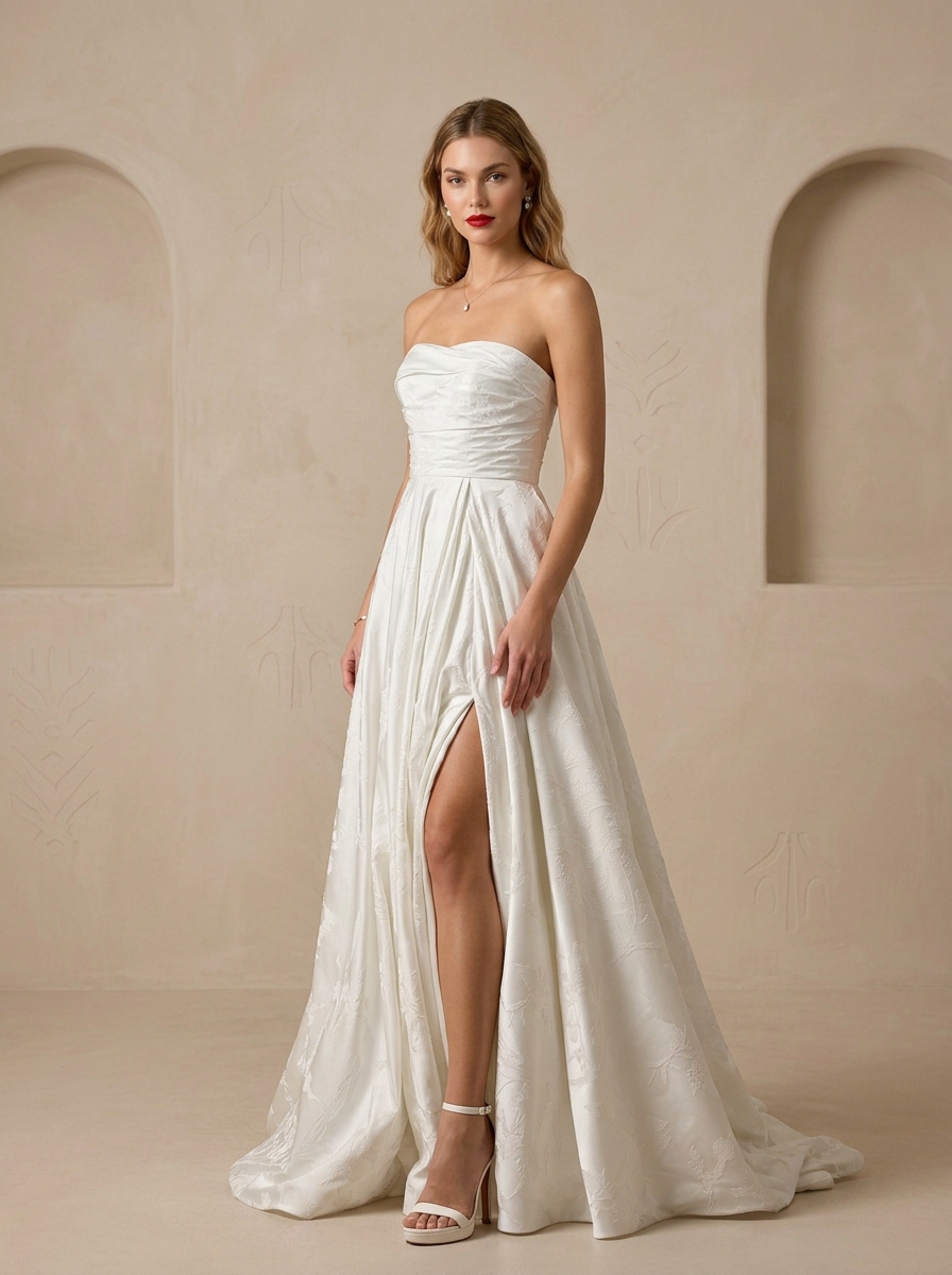 White A-Line Strapless Floral Jacquard Wedding Dress With High Slit