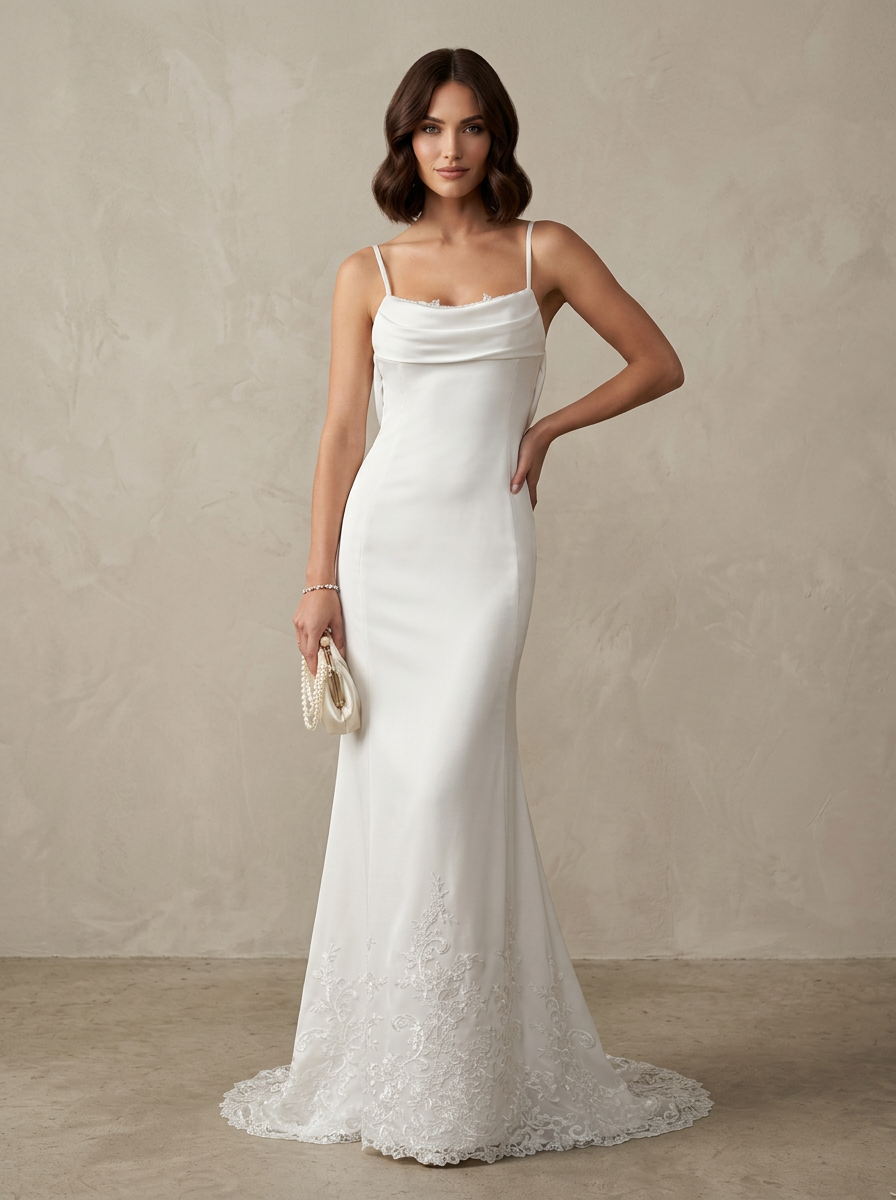 White Fit and Flare Stretch Cowl-Neck Slip Satin Sheath Wedding Dress