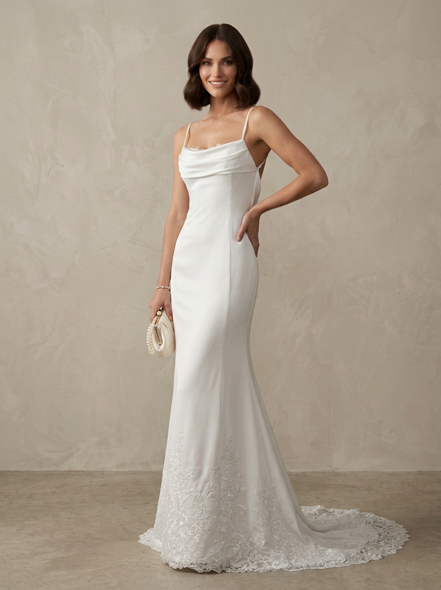 White Fit and Flare Stretch Cowl-Neck Slip Satin Sheath Wedding Dress