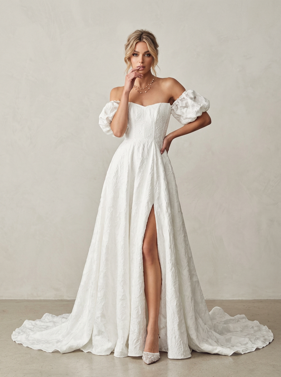 White Sweetheart Neckline Off-The-Shoulder Floral Puff-Sleeve Wedding Dress