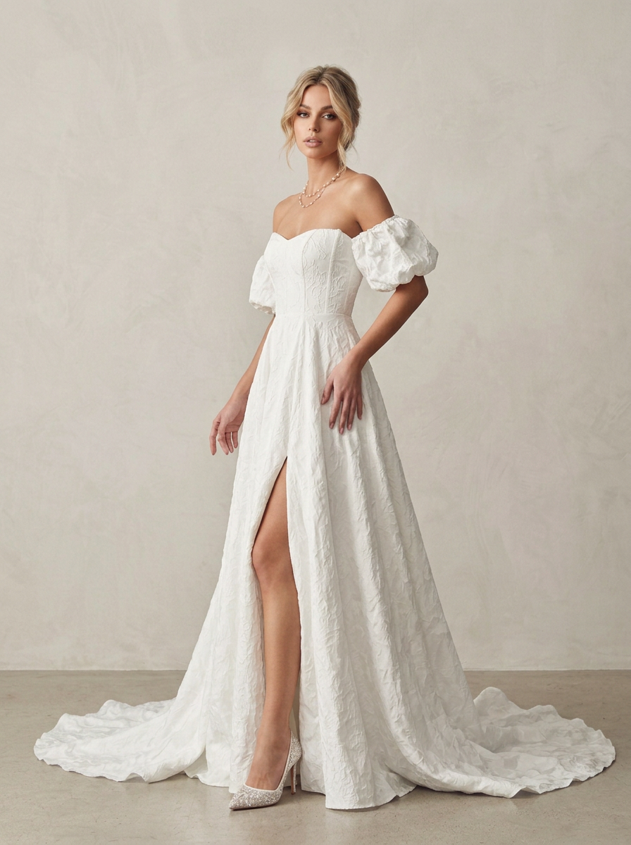 White Sweetheart Neckline Off-The-Shoulder Floral Puff-Sleeve Wedding Dress