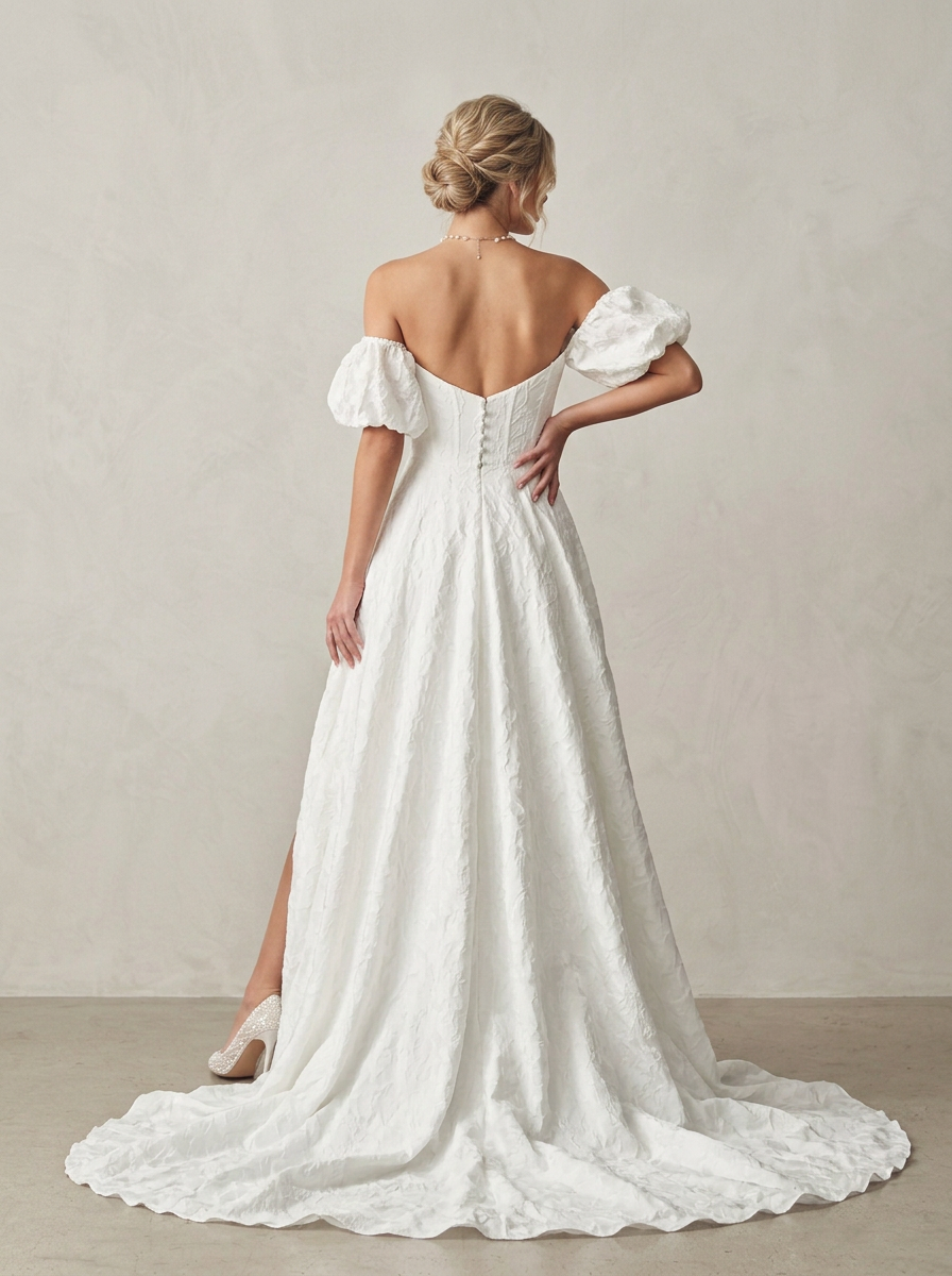 White Sweetheart Neckline Off-The-Shoulder Floral Puff-Sleeve Wedding Dress