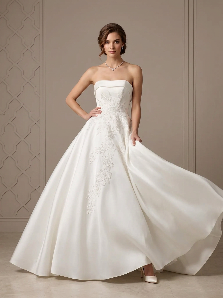 Ethereal White Embroidered Satin Strapless A-Line Wedding Dress