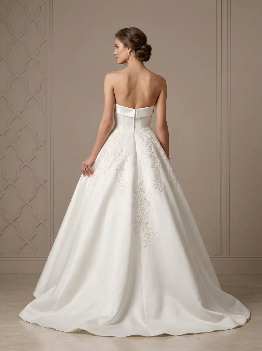 Ethereal White Embroidered Satin Strapless A-Line Wedding Dress