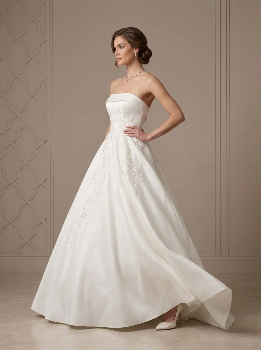 Ethereal White Embroidered Satin Strapless A-Line Wedding Dress