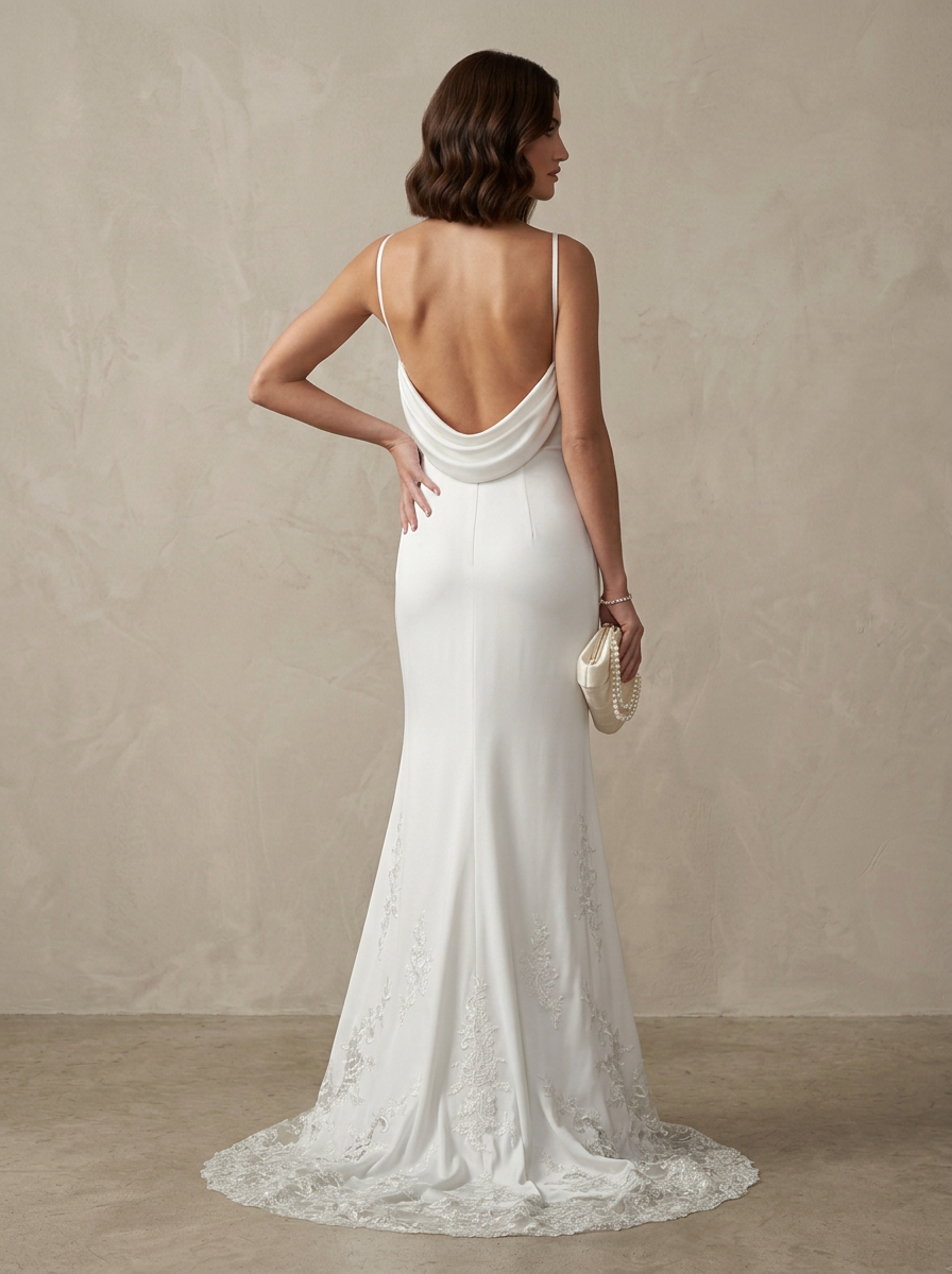 White Fit and Flare Stretch Cowl-Neck Slip Satin Sheath Wedding Dress