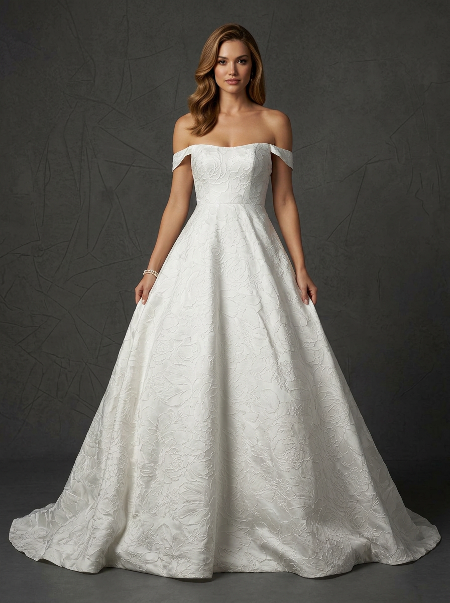 White Jacquard Off-The-Shoulder Strapless Floral Wedding Dress