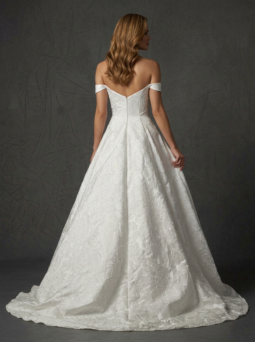 White Jacquard Off-The-Shoulder Strapless Floral Wedding Dress