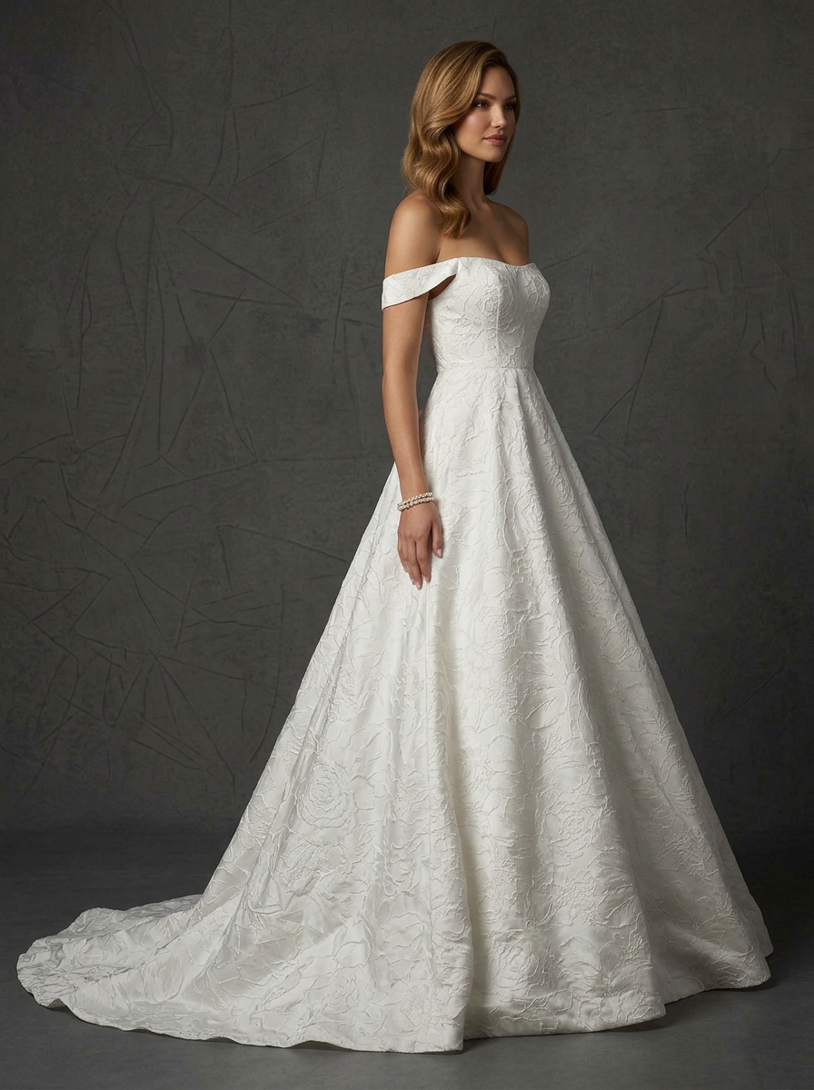 White Jacquard Off-The-Shoulder Strapless Floral Wedding Dress