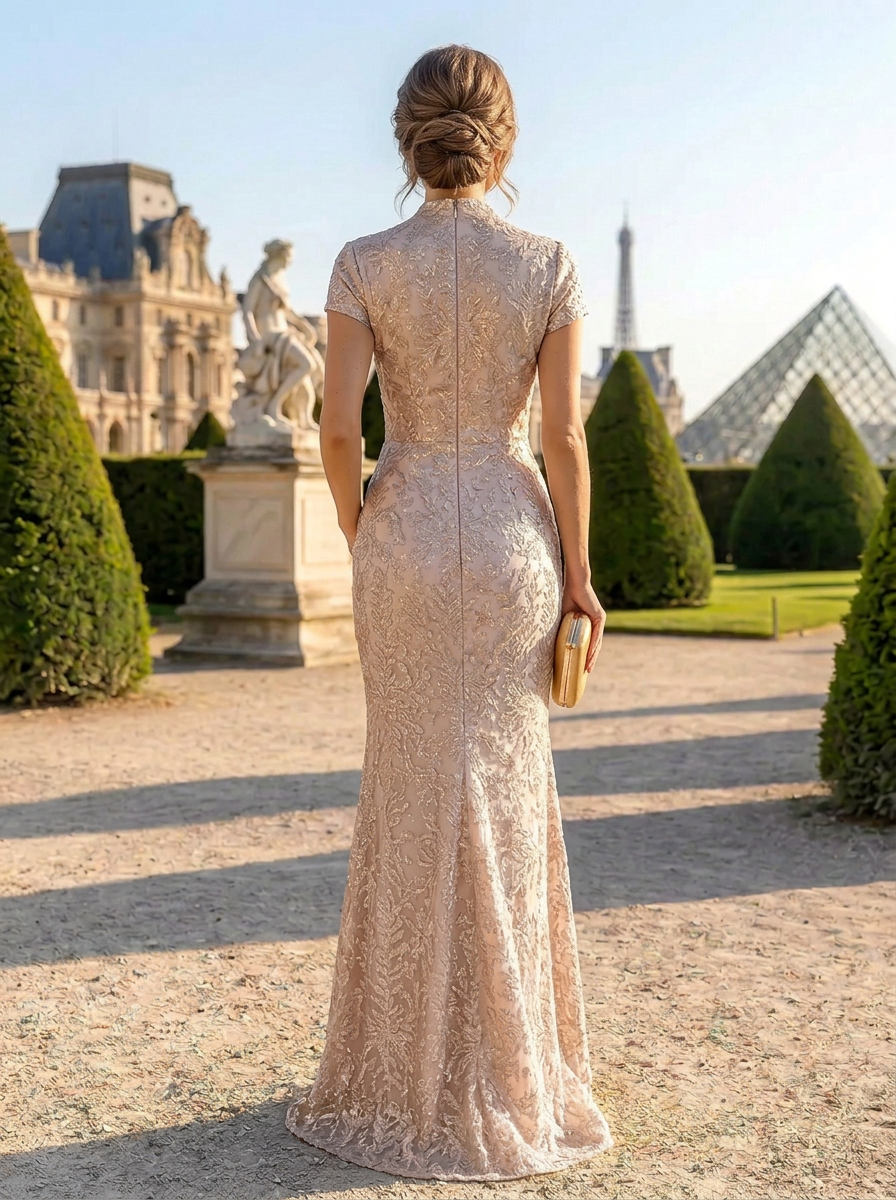 Champagne Floral Jacquard V-Neck Floor-Length Sheath Mother of the Bride & Groom Dresses 