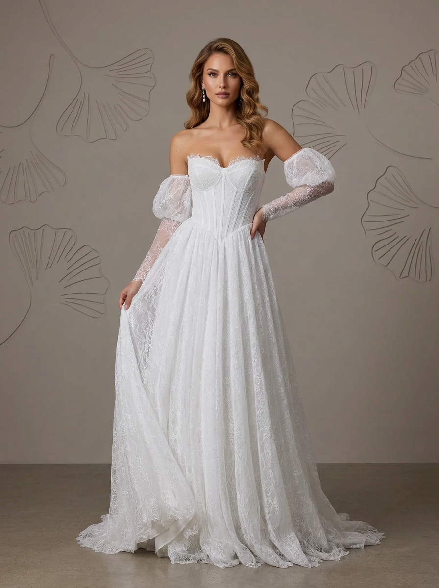 White A-Line Strapless Sweetheart Neckline Lace Wedding Dress