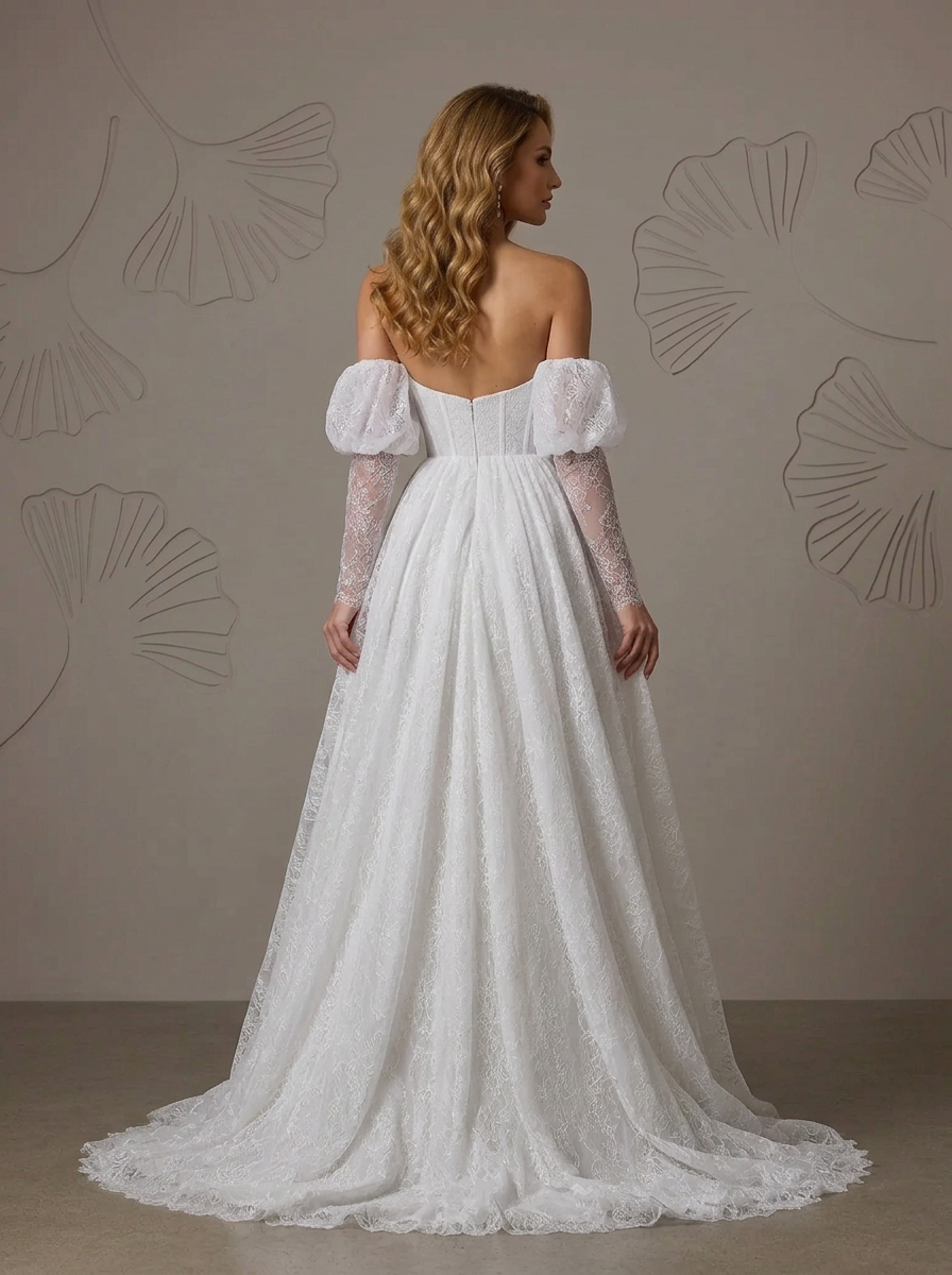 White A-Line Strapless Sweetheart Neckline Lace Wedding Dress
