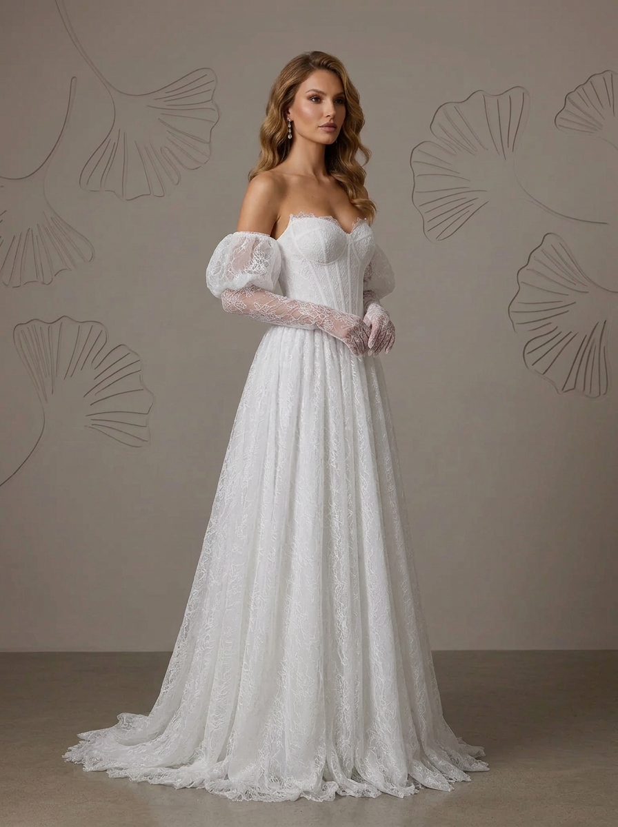 White A-Line Strapless Sweetheart Neckline Lace Wedding Dress