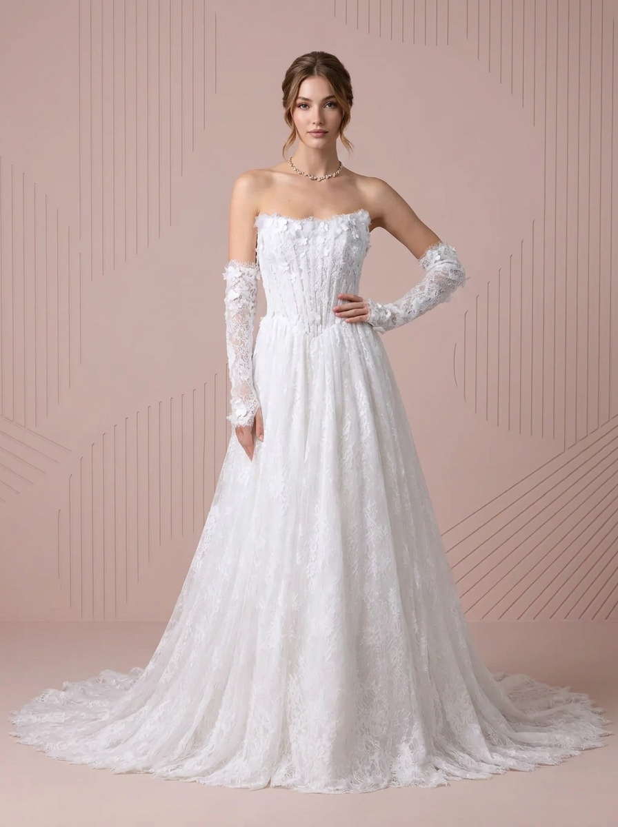 White Ball-Gown Strapless Lace A-Line Wedding Dress