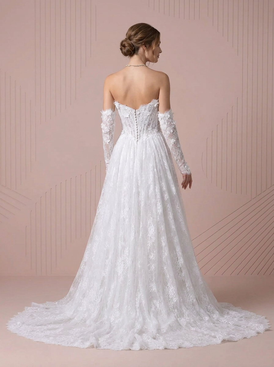 White Ball-Gown Strapless Lace A-Line Wedding Dress