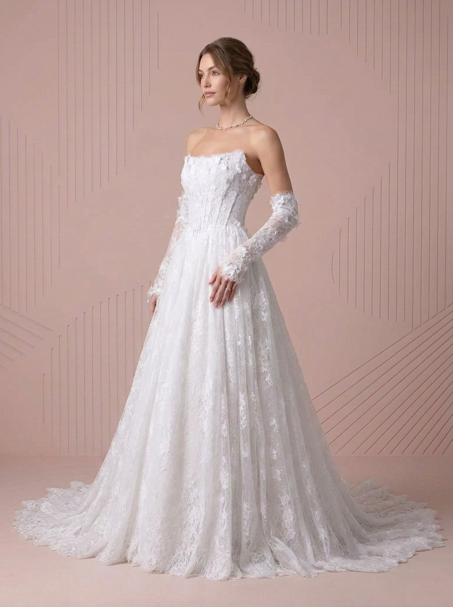 White Ball-Gown Strapless Lace A-Line Wedding Dress