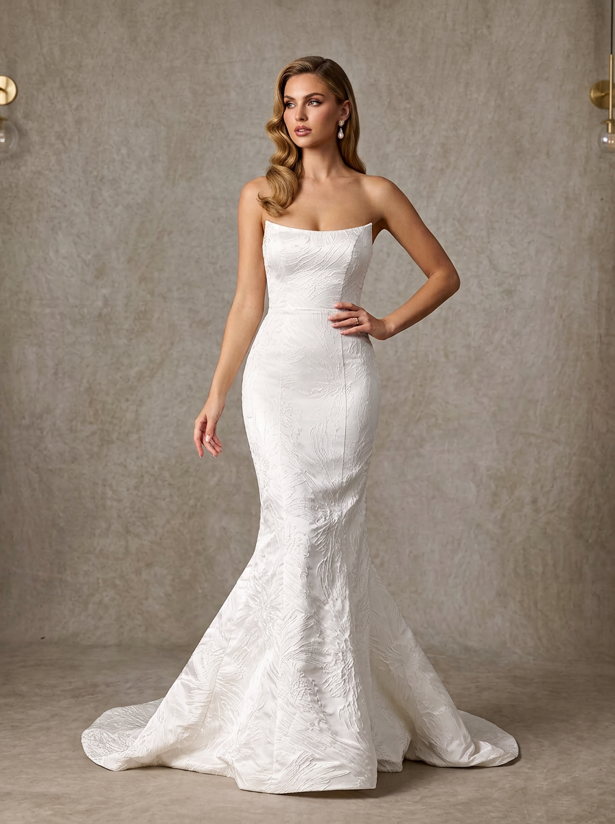White Floral Jacquard Strapless Mermaid Wedding Dress