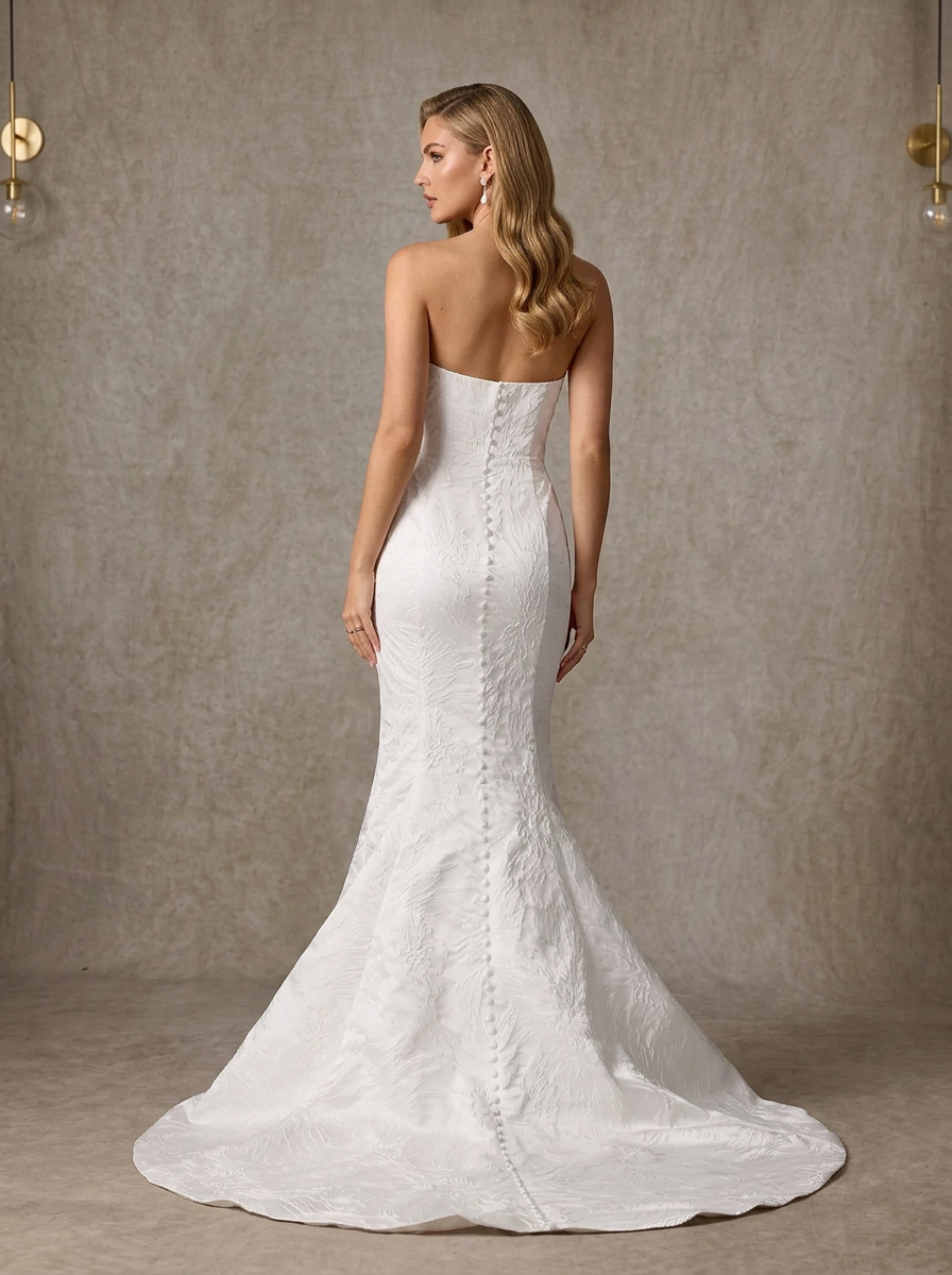 White Floral Jacquard Strapless Mermaid Wedding Dress