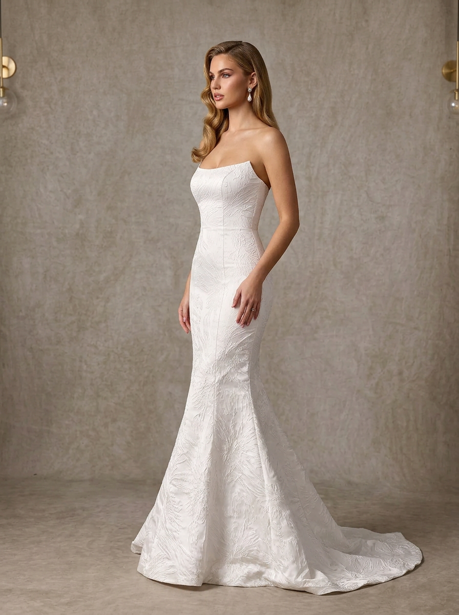 White Floral Jacquard Strapless Mermaid Wedding Dress