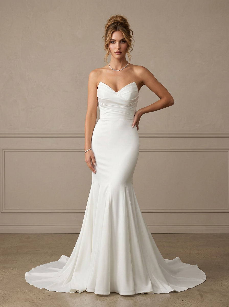  White Mermaid Crepe Back Satin Strapless Sweetheart Wedding Dress