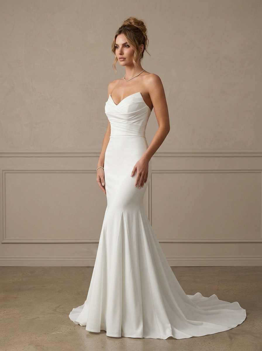  White Mermaid Crepe Back Satin Strapless Sweetheart Wedding Dress