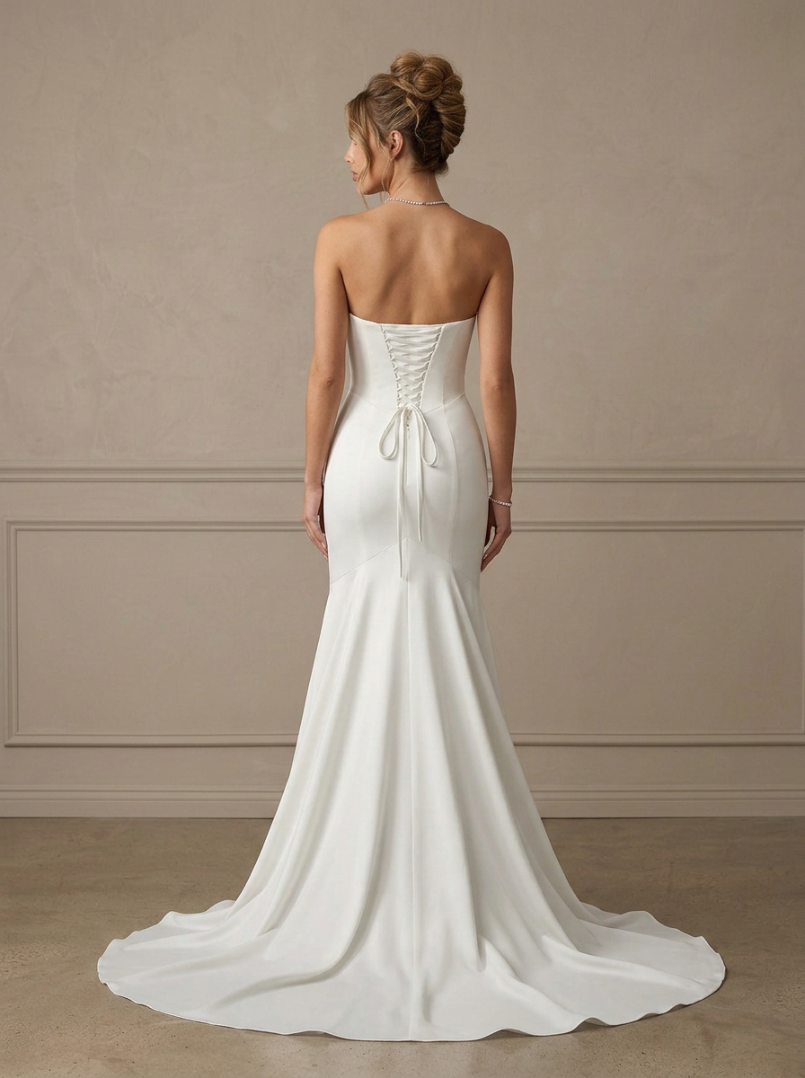  White Mermaid Crepe Back Satin Strapless Sweetheart Wedding Dress