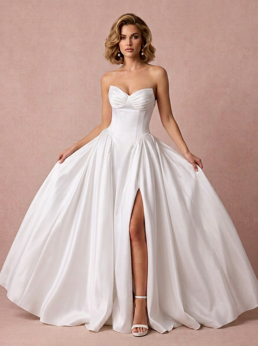 White A-Line Strapless Sweetheart Satin Wedding Dress With Slit