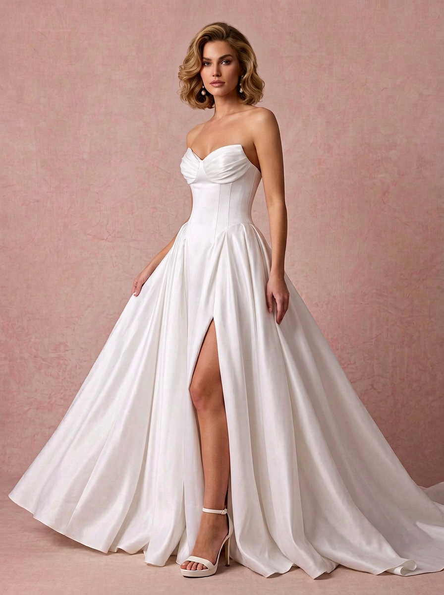 White A-Line Strapless Sweetheart Satin Wedding Dress With Slit