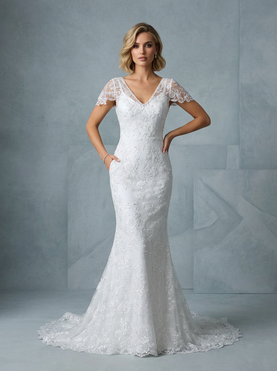 White Lace Cap-Sleeve Mermaid V-Neck Wedding Dress
