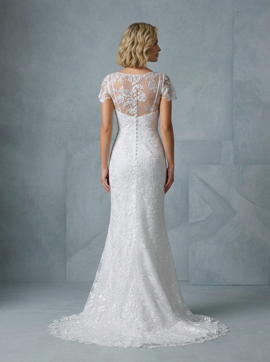 White Lace Cap-Sleeve Mermaid V-Neck Wedding Dress
