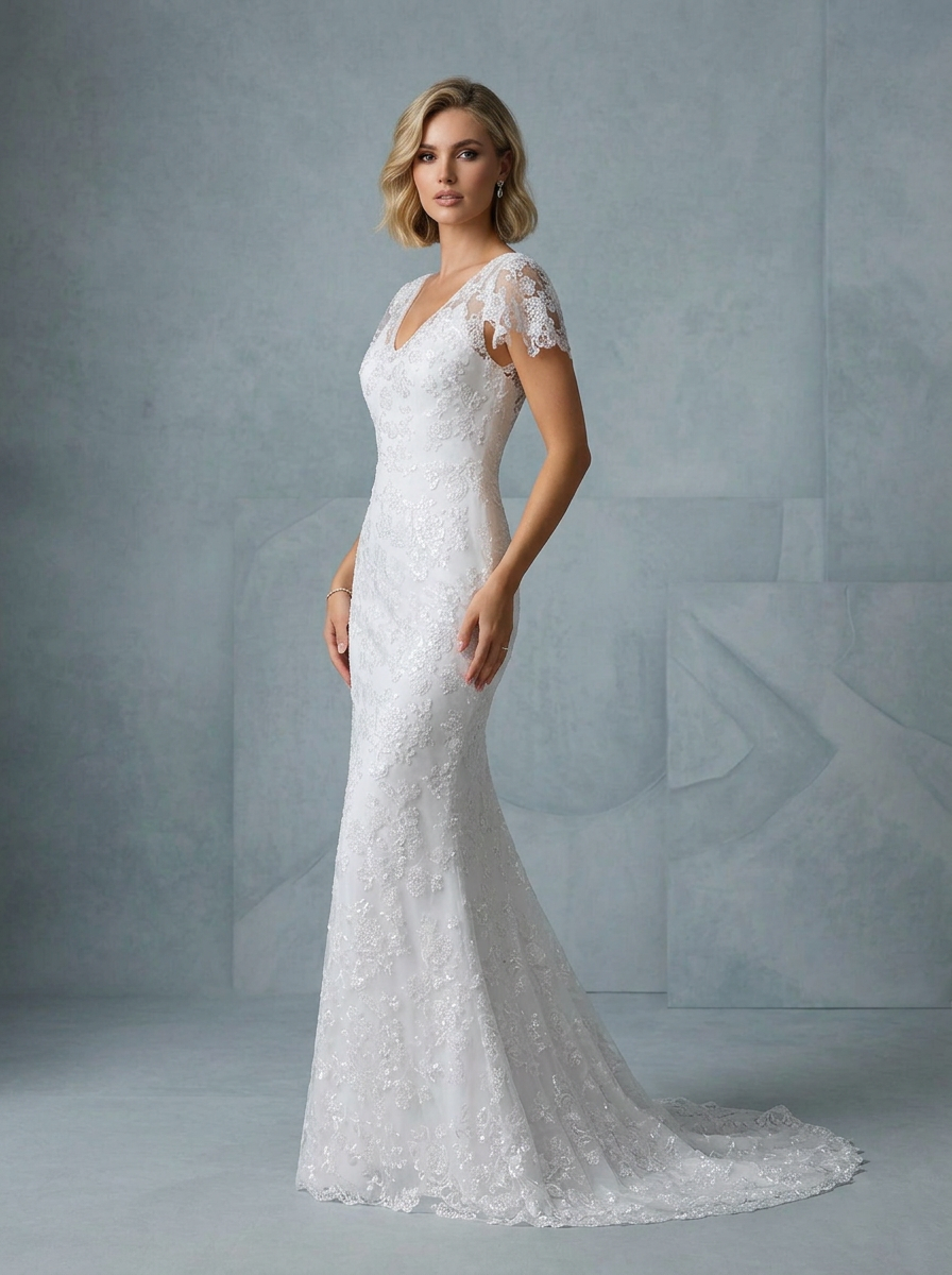 White Lace Cap-Sleeve Mermaid V-Neck Wedding Dress
