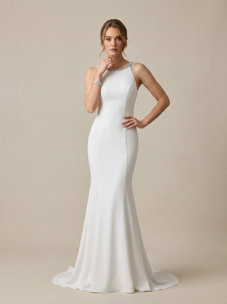 White Beaded-Neckline Sleeveless Mermaid Wedding Dress