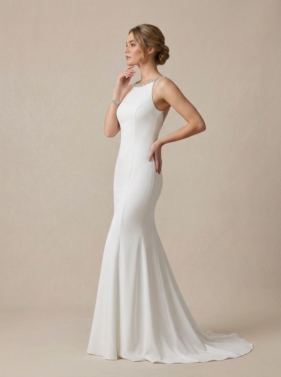 White Beaded-Neckline Sleeveless Mermaid Wedding Dress
