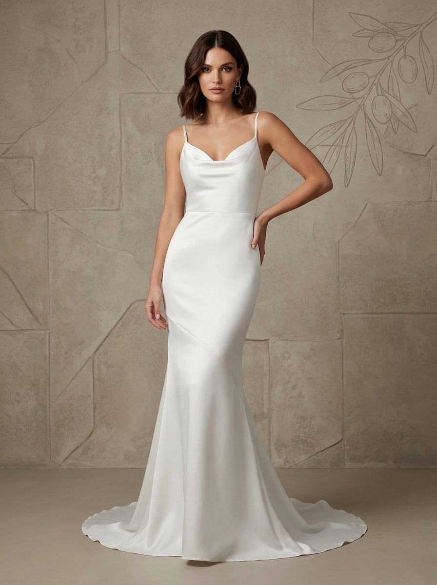 White Satin Cowl-Neck Spaghetti Straps Mermaid Wedding Dress